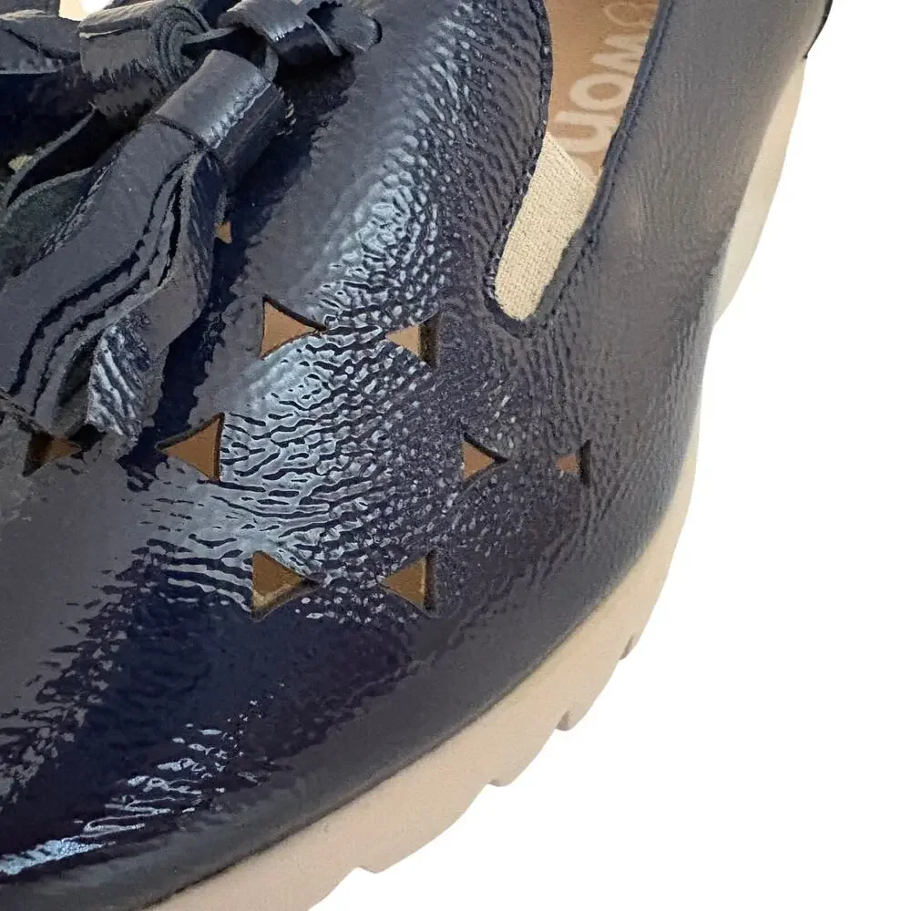 Wonders Spain Textured Laser Cut Patent Leather Tasseled Wedge Loafers Navy Blue